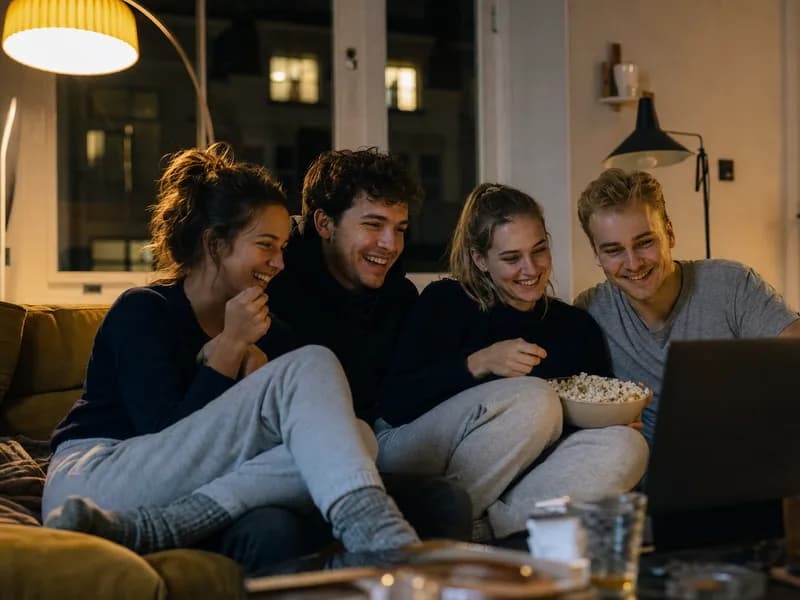 Vrienden op de bank 's avonds, comfortabel thuis op eigen stroom