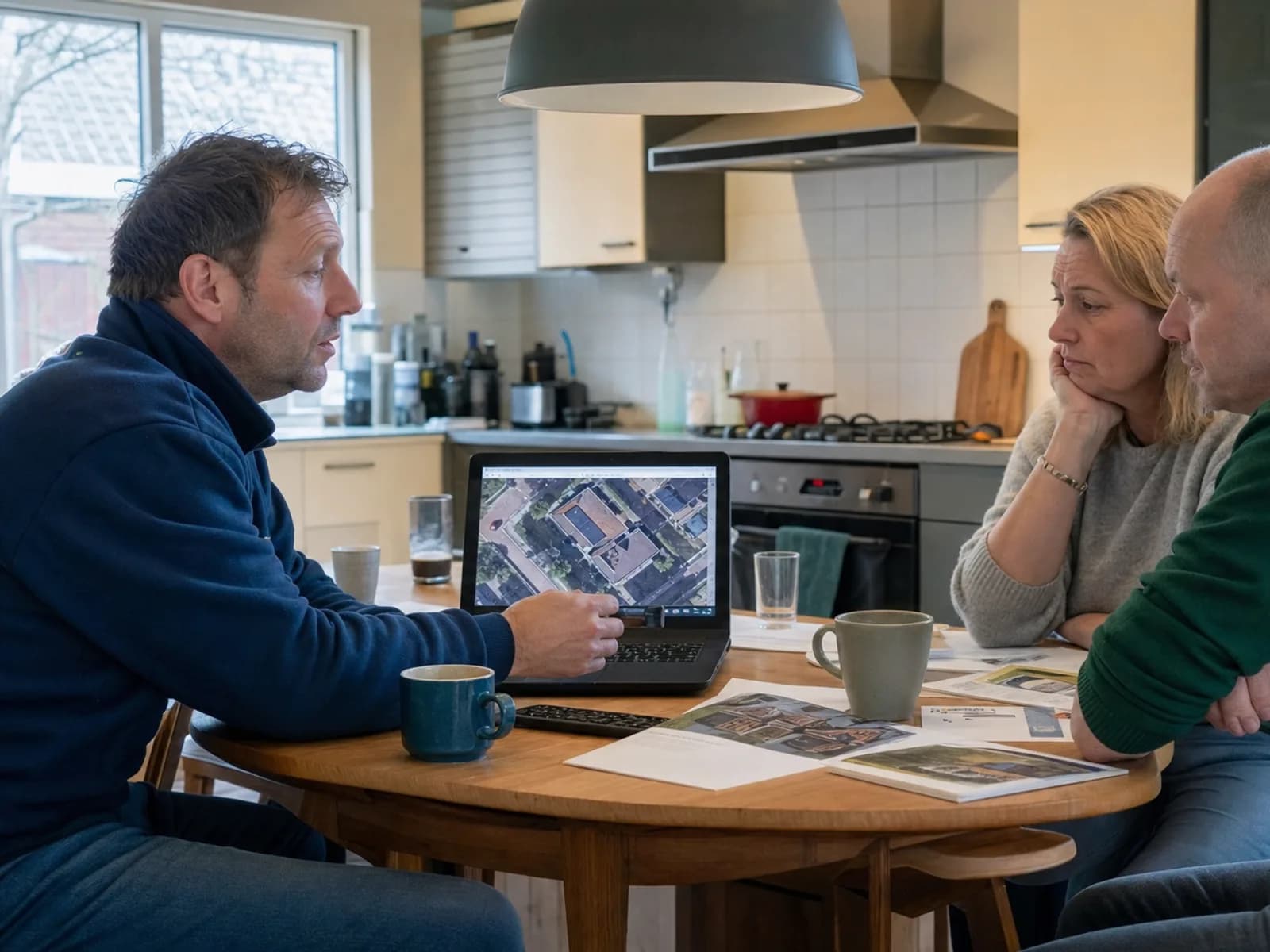 SolarFast adviseur bespreekt een dakplan op de laptop aan tafel