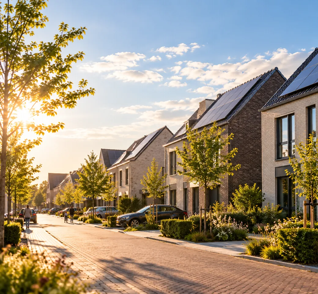 Straat met nieuwbouwwoningen en zonnepanelen op de daken in het gouden avondlicht