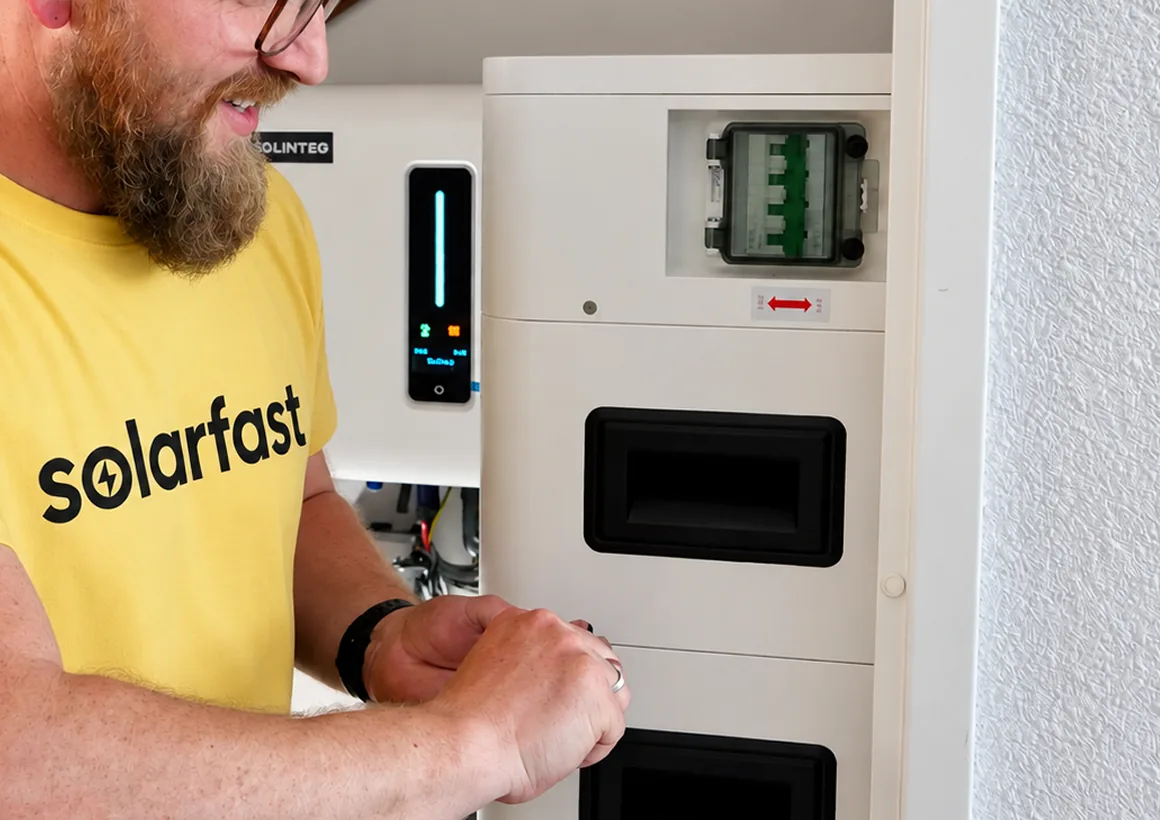 Monteur van SolarFast bij een thuisbatterij in een meterkast