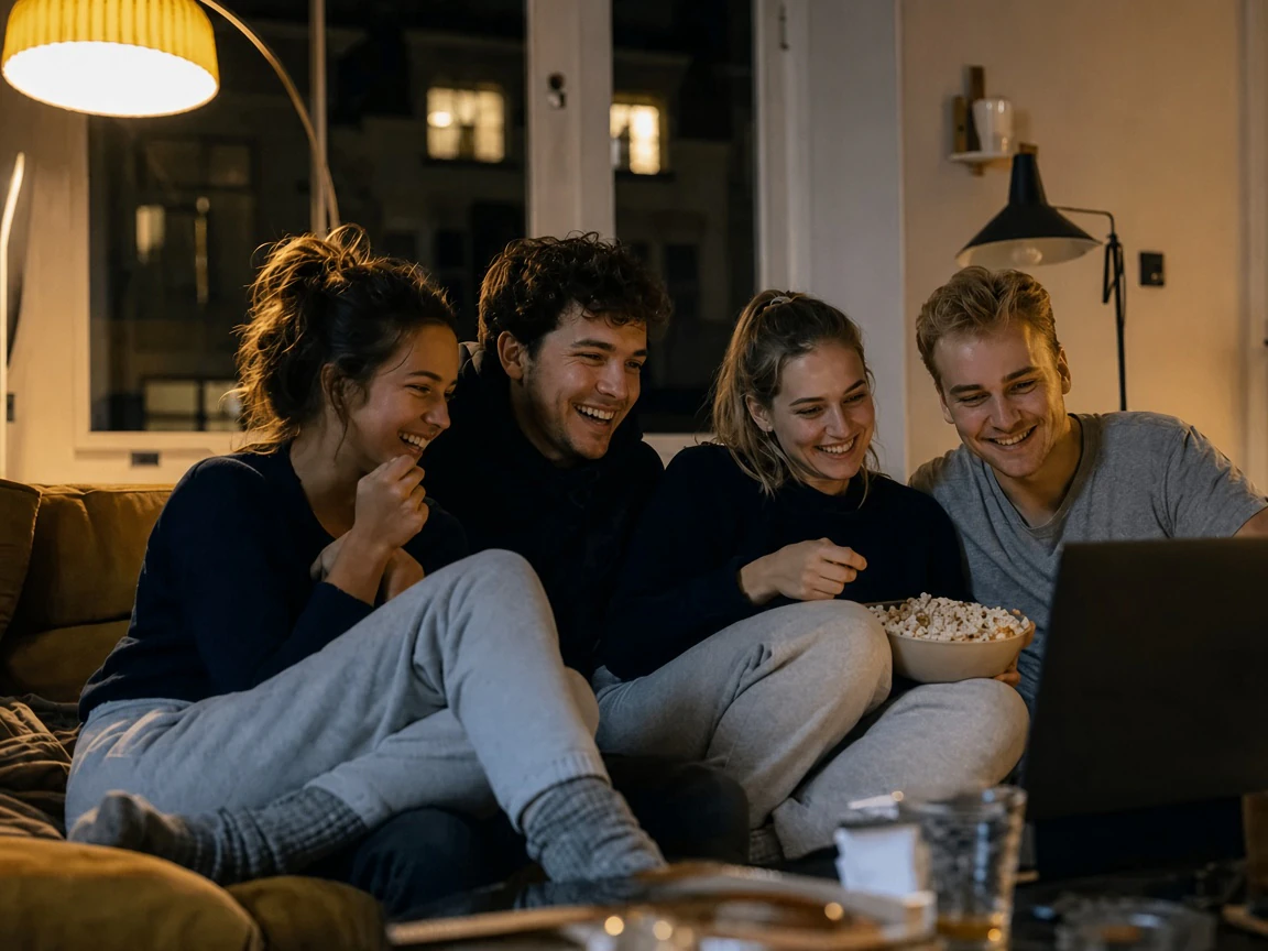 Vrienden op de bank 's avonds, comfortabel thuis op eigen stroom