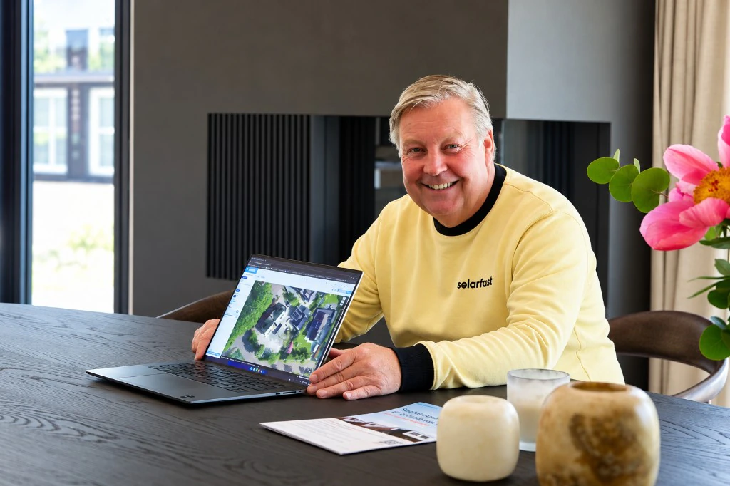 SolarFast adviseur bespreekt het dakplan op de laptop aan tafel